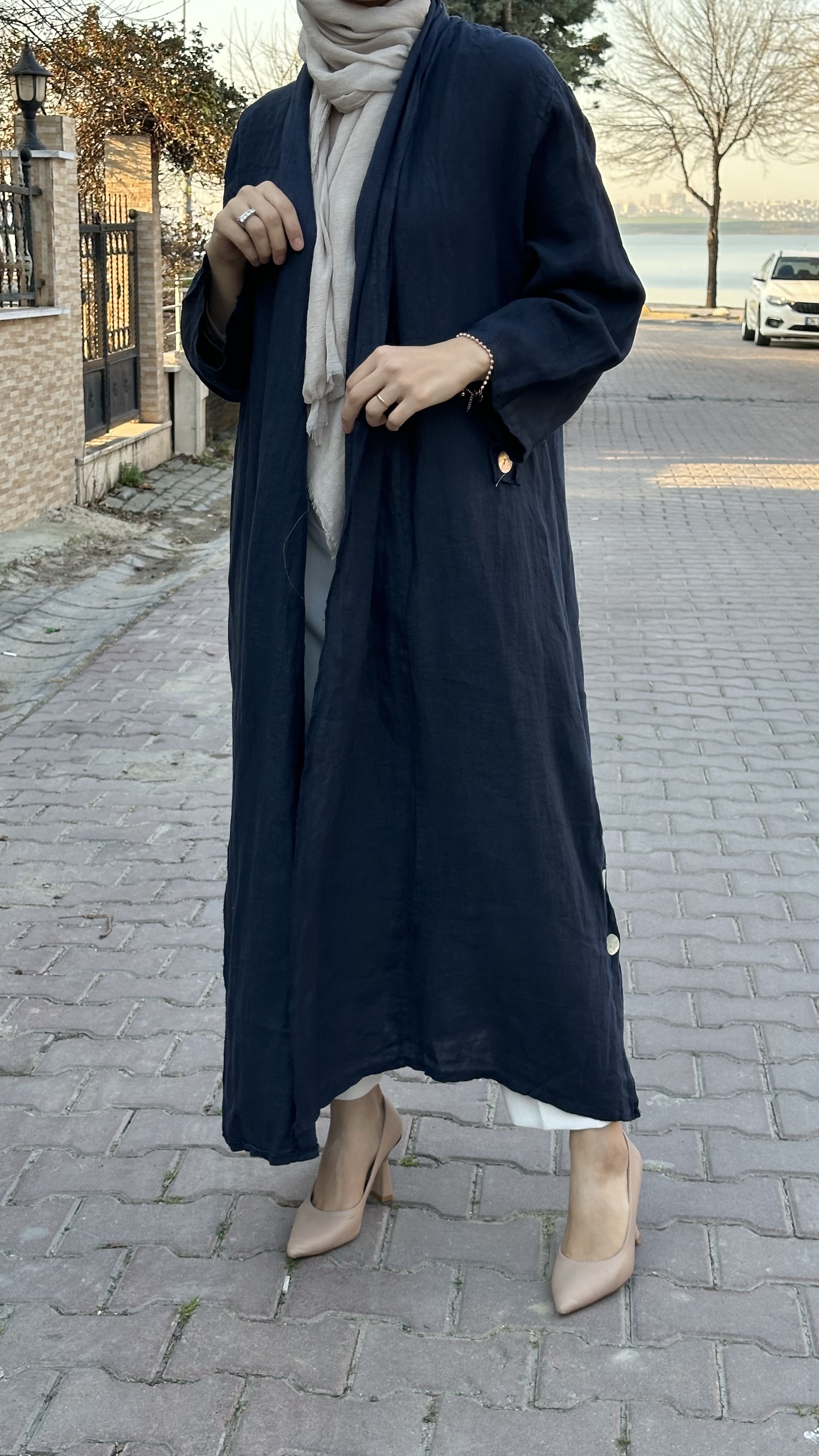 Sedef Düğmeli Organik Keten Kap