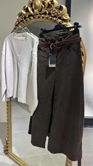 İthal Tensel Gabardin Kemerli Palazzo Pantolon